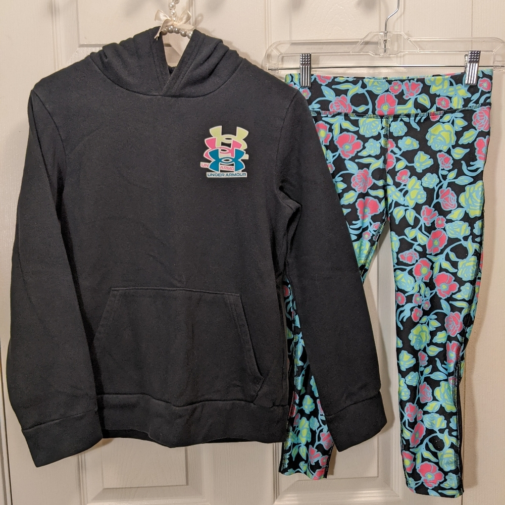 UNDER ARMOUR Girls 2 Pc Outfit Black & Vibrant Multi Color Size Youth Medium EUC